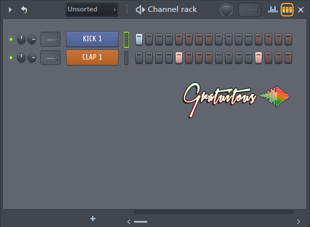 Basic Drum Loop Pattern in FL Studio Channel Rack (Step Sequencer). Drum on BEAT 1, Clap on BEAT 2 and BEAT 4
