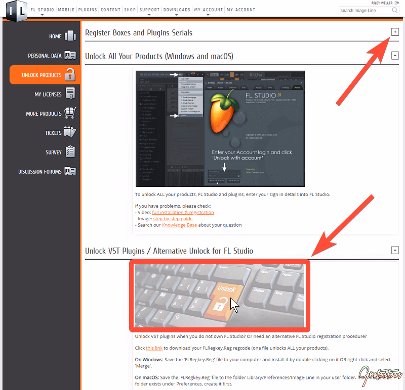 Click the arrow drop down to download the FL Studio install registry key
